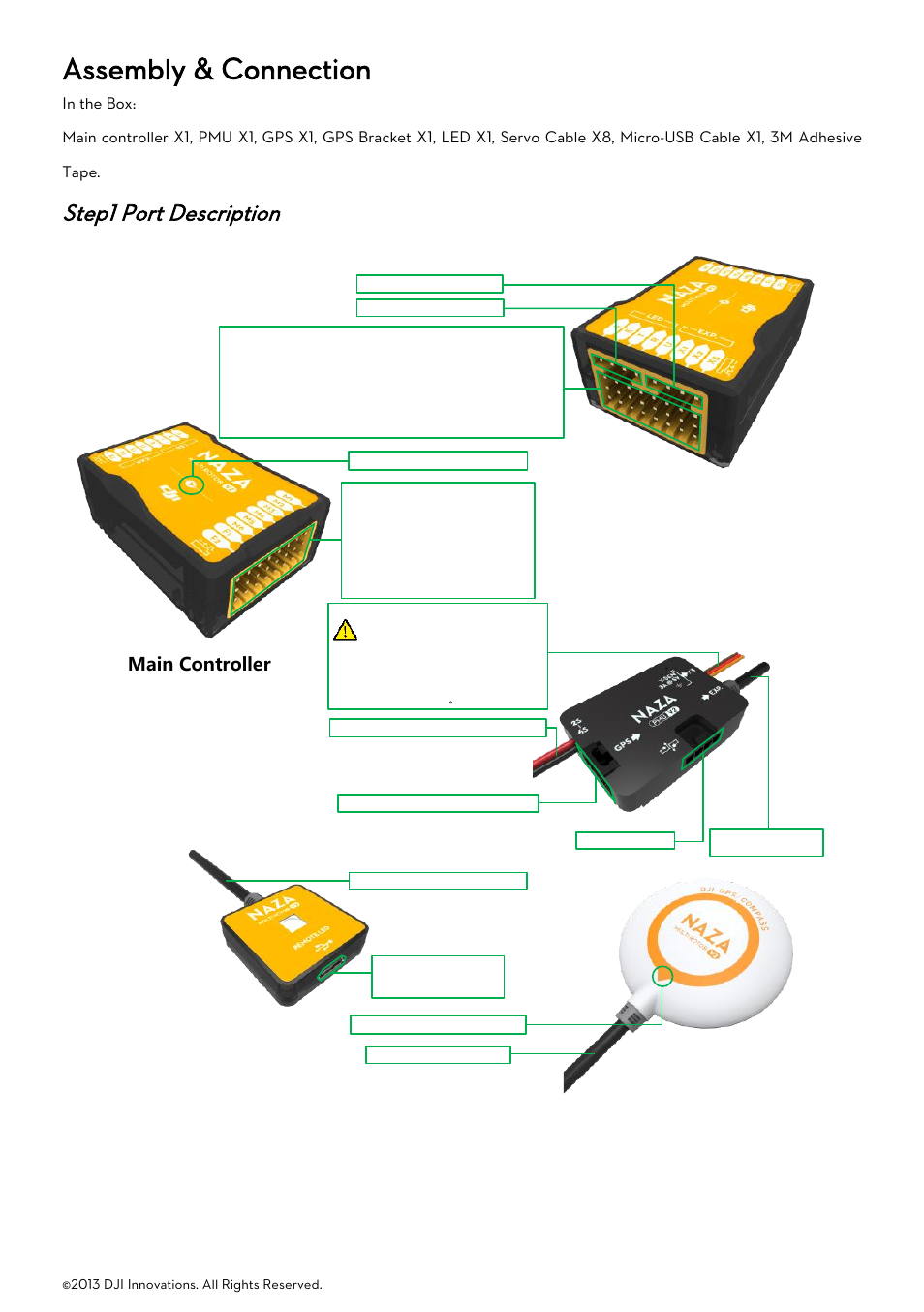 Assembly & connection, Step1 port description, Escription | Main controller, Main controller pmu, Led gps/compass | DJI Naza-M User Manual | Page 5 / 33