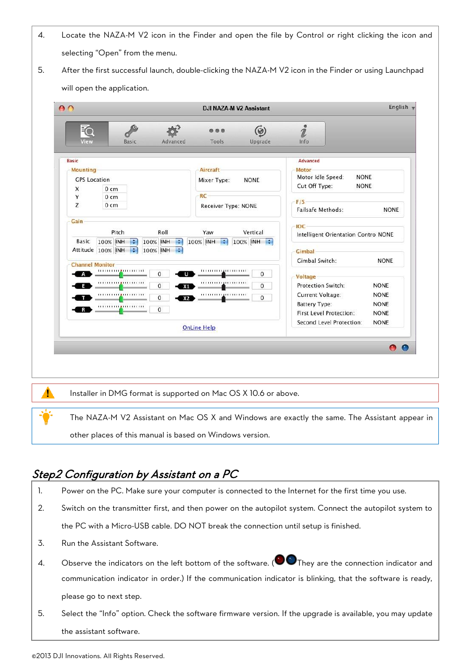 Step2 configuration by assistant on a pc, Onfiguration by, Ssistant | Oftware on a, Step2, Configuration by assistant on a pc | DJI Naza-M User Manual | Page 8 / 33