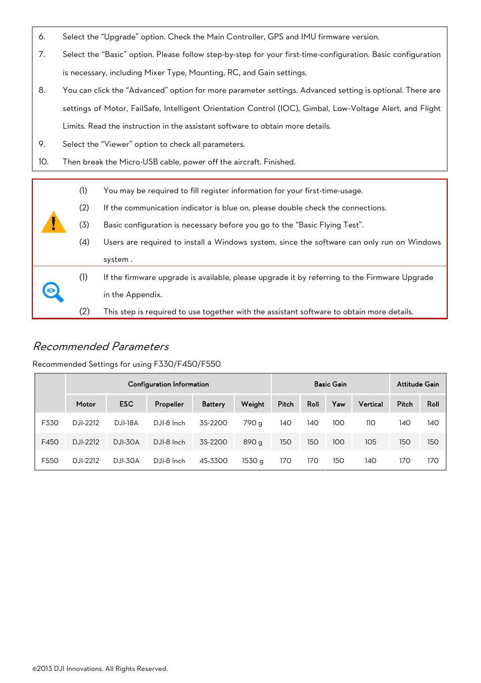 Recommended parameters | DJI Naza-M User Manual | Page 9 / 33