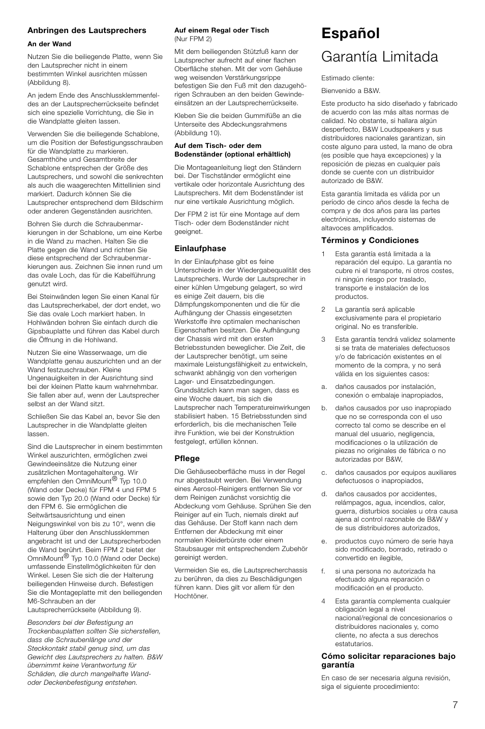 Español garantía limitada | Bowers & Wilkins FPM2 User Manual | Page 10 / 35