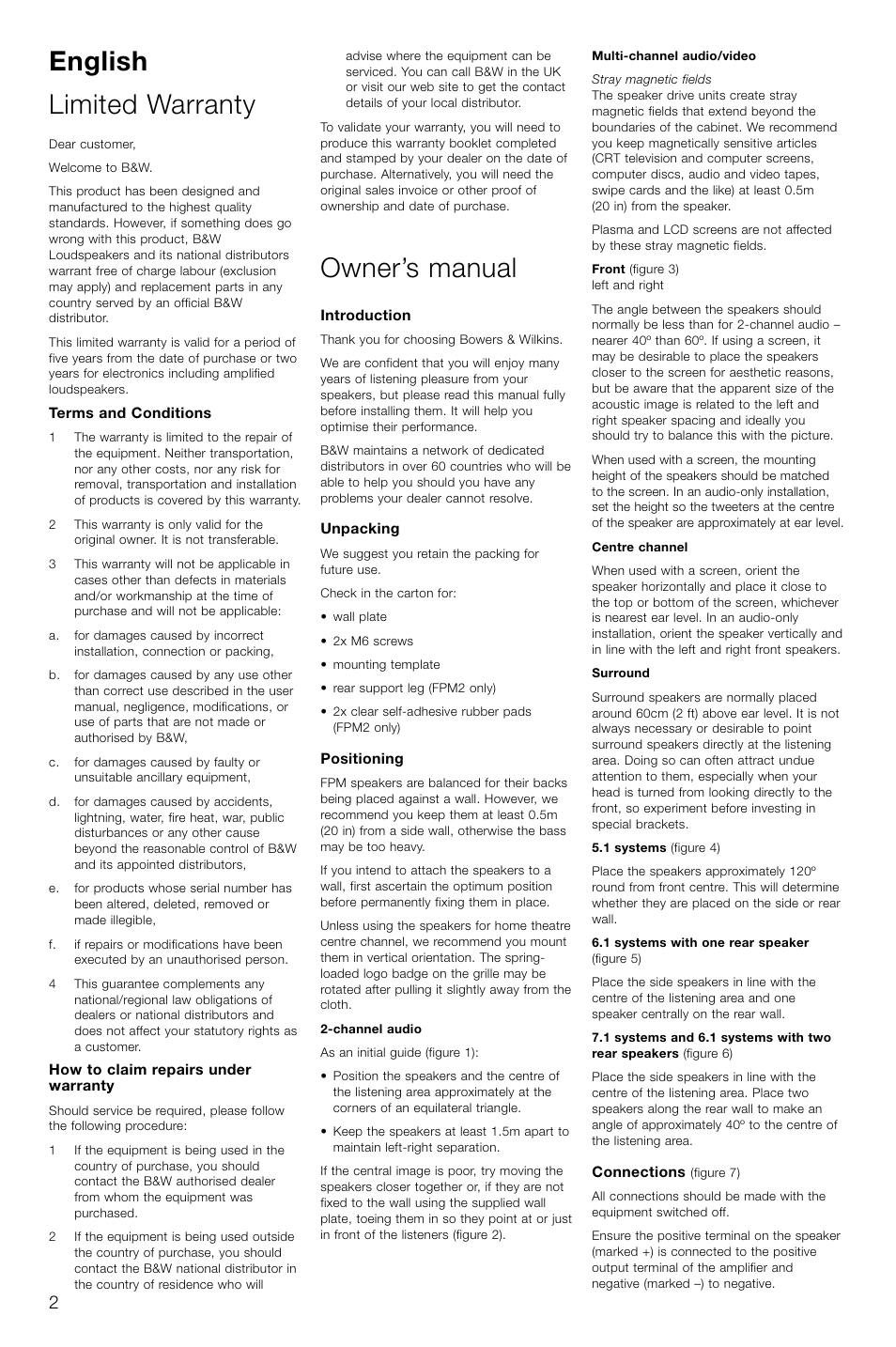 English limited warranty, Owner’s manual | Bowers & Wilkins FPM2 User Manual | Page 5 / 35