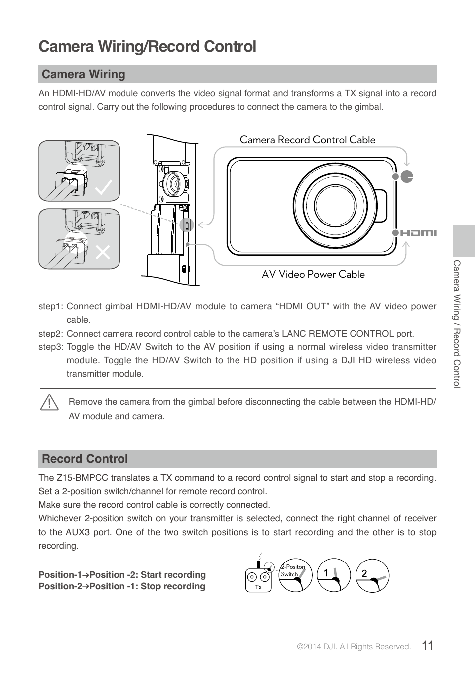 Camera wiring/record control, Camera wiring, Record control | DJI Z15-BMPCC User Manual | Page 11 / 28