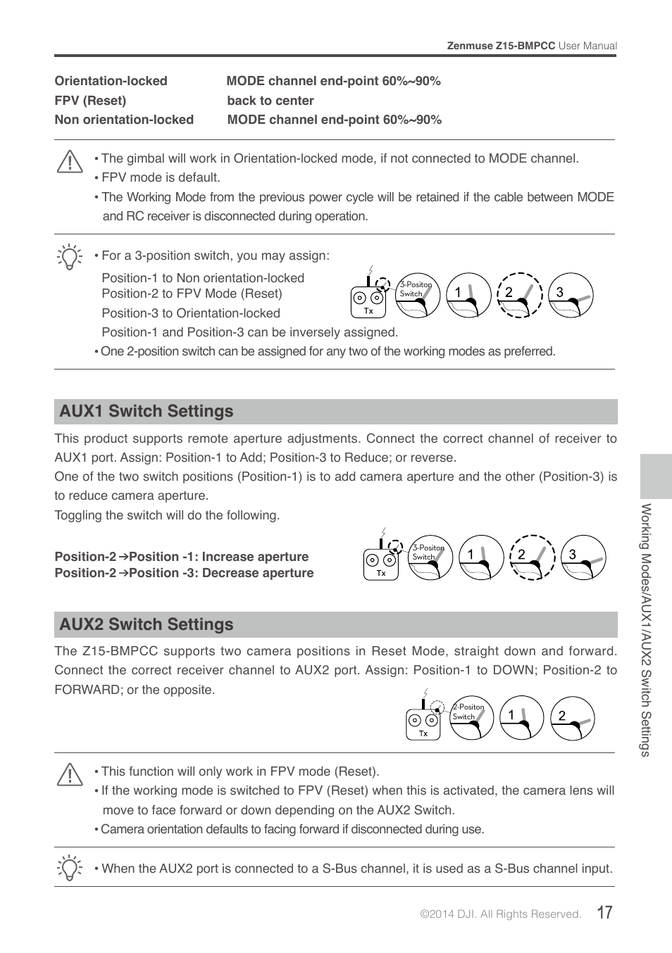 Aux1 switch set, Aux2 switch set, Aux1 switch settings | Aux2 switch settings | DJI Z15-BMPCC User Manual | Page 17 / 28