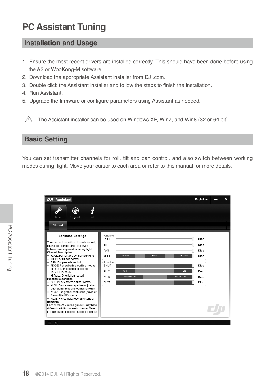 Pc assistant tuning, Installation and usage, Basic setting | DJI Z15-BMPCC User Manual | Page 18 / 28