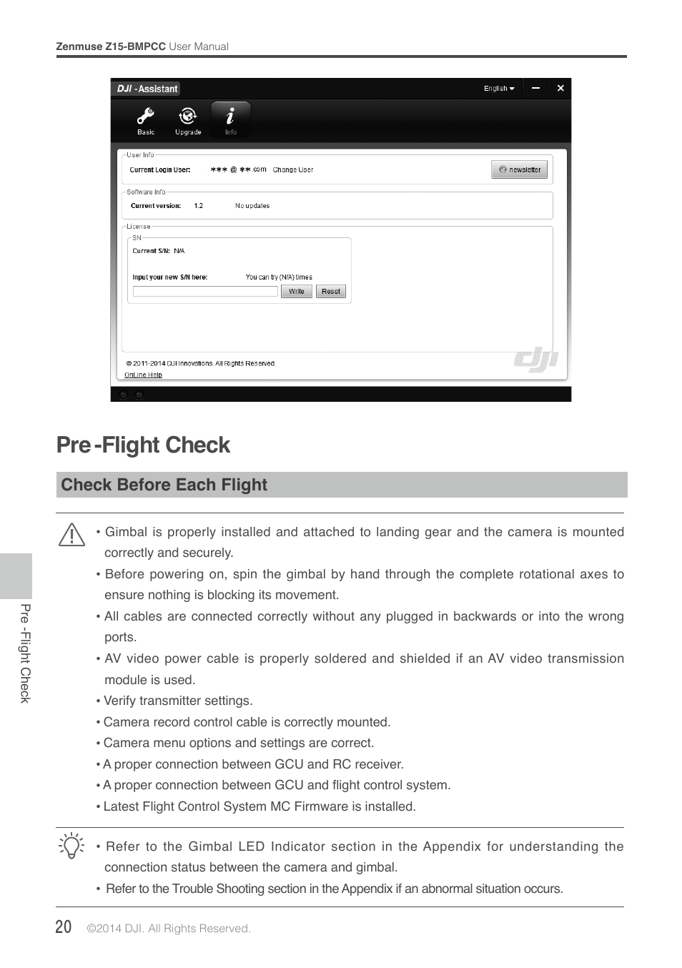 Pre -flight check, Check before each flight | DJI Z15-BMPCC User Manual | Page 20 / 28