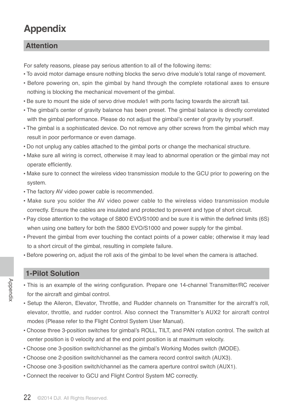 Appendix, Attention, Pilot solution | Attention 22 1-pilot solution | DJI Z15-BMPCC User Manual | Page 22 / 28