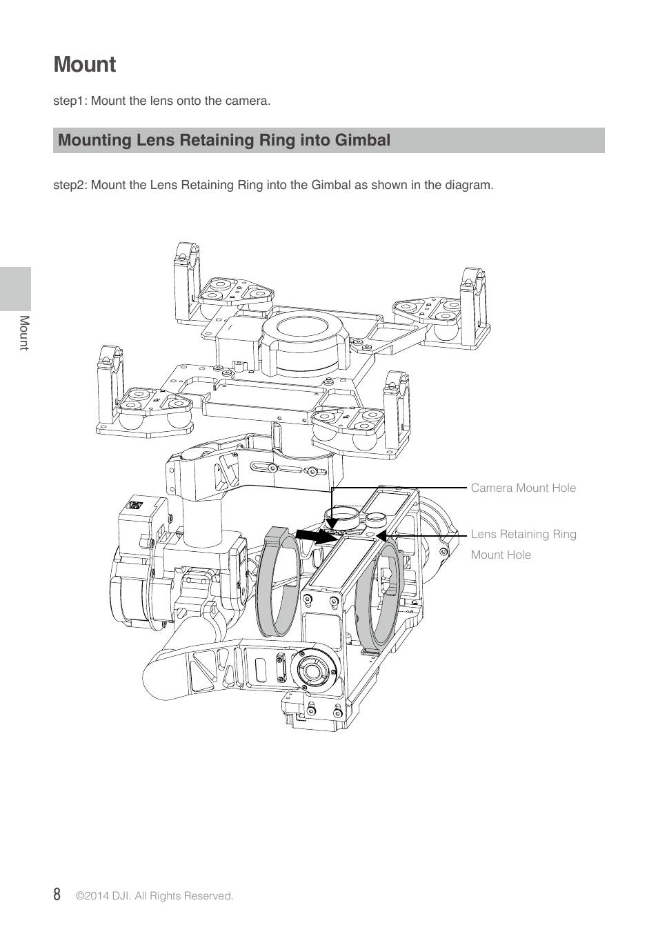 Mount, Mounting lens retaining ring into gimbal | DJI Z15-BMPCC User Manual | Page 8 / 28