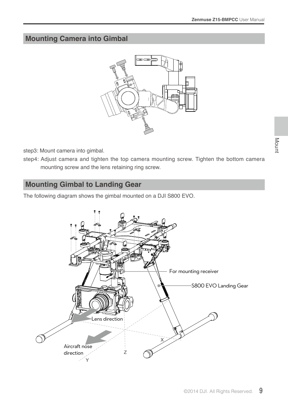 Mounting camera into gimbal, Mounting gimbal to landing gear | DJI Z15-BMPCC User Manual | Page 9 / 28