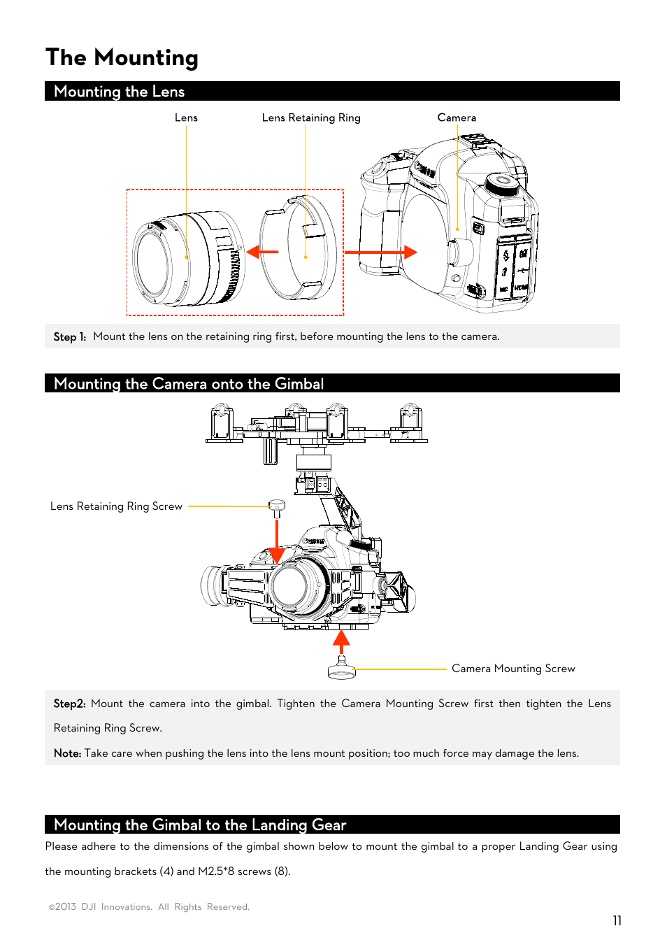 The mounting, Mount, Mounting the lens | Mounting the camera onto the gimbal, Mounting the gimbal to the landing gear | DJI Z15-5D User Manual | Page 11 / 24