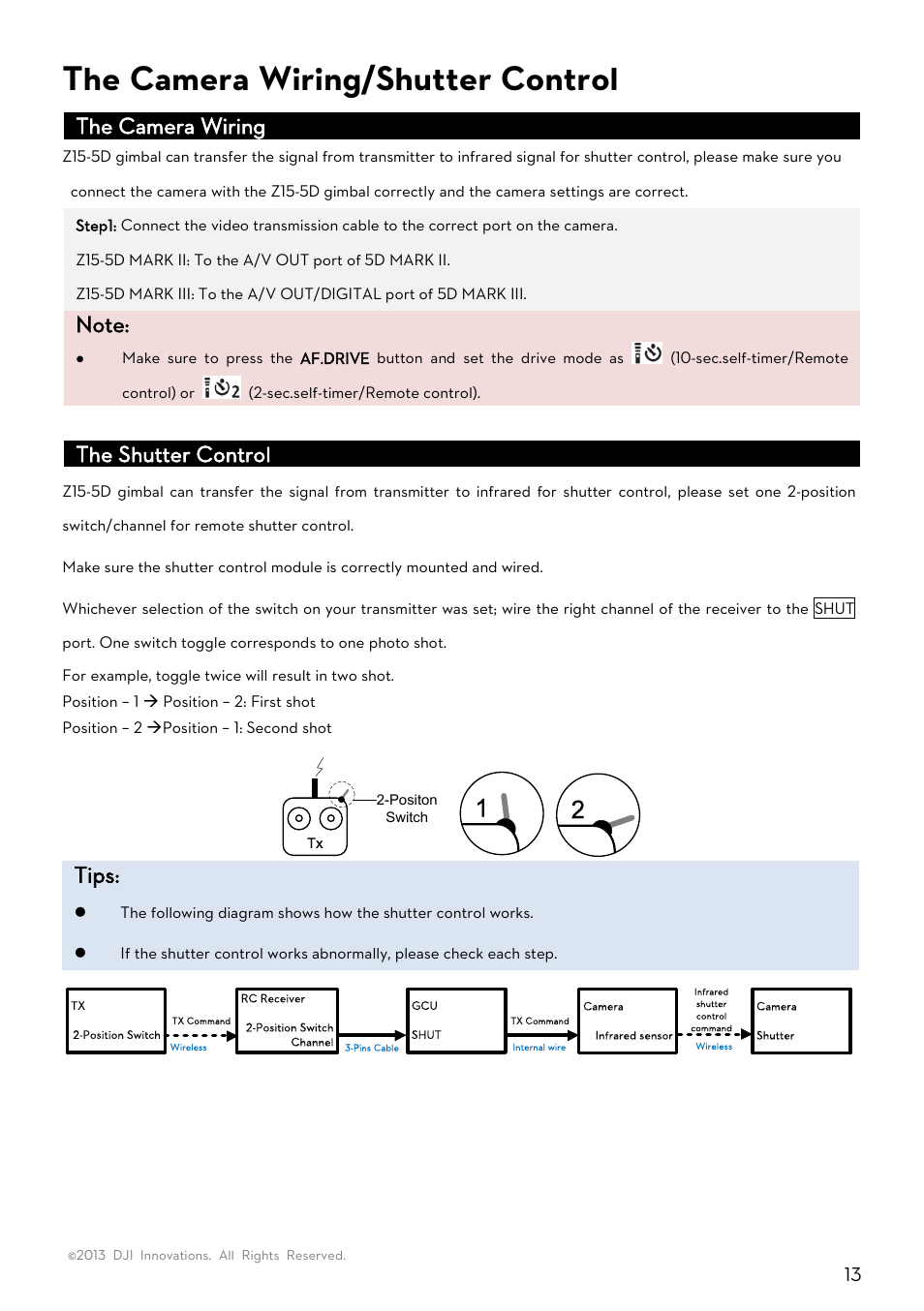 The camera wiring/shutter control, Camera wiring/shutter control, The camera wiring | The shutter control, Tips | DJI Z15-5D User Manual | Page 13 / 24