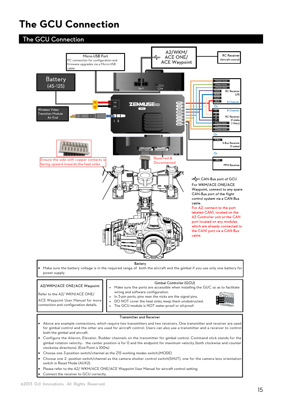 The gcu connection, Gcu connection, Battery | 4s~12s), A2/wkm/ ace one/ ace waypoint | DJI Z15-5D User Manual | Page 15 / 24