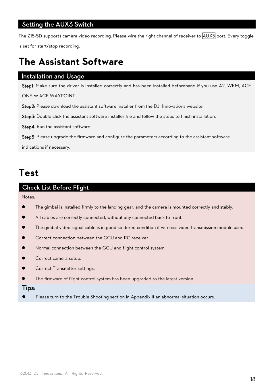 The assistant software, Test, Assistant software | Setting the aux3 switch, Installation and usage, Tips, Check list before flight | DJI Z15-5D User Manual | Page 18 / 24