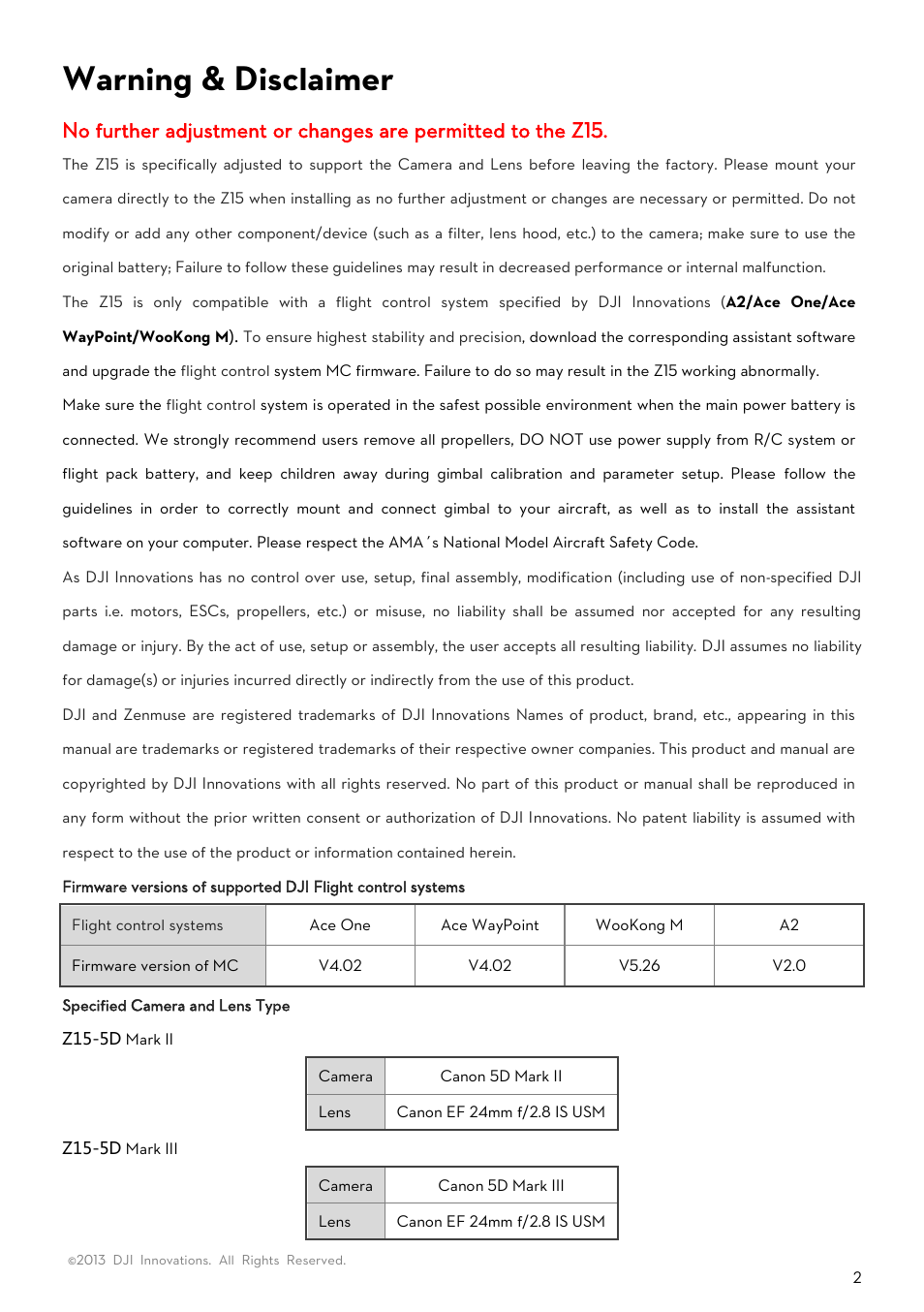 Warning & disclaimer | DJI Z15-5D User Manual | Page 2 / 24