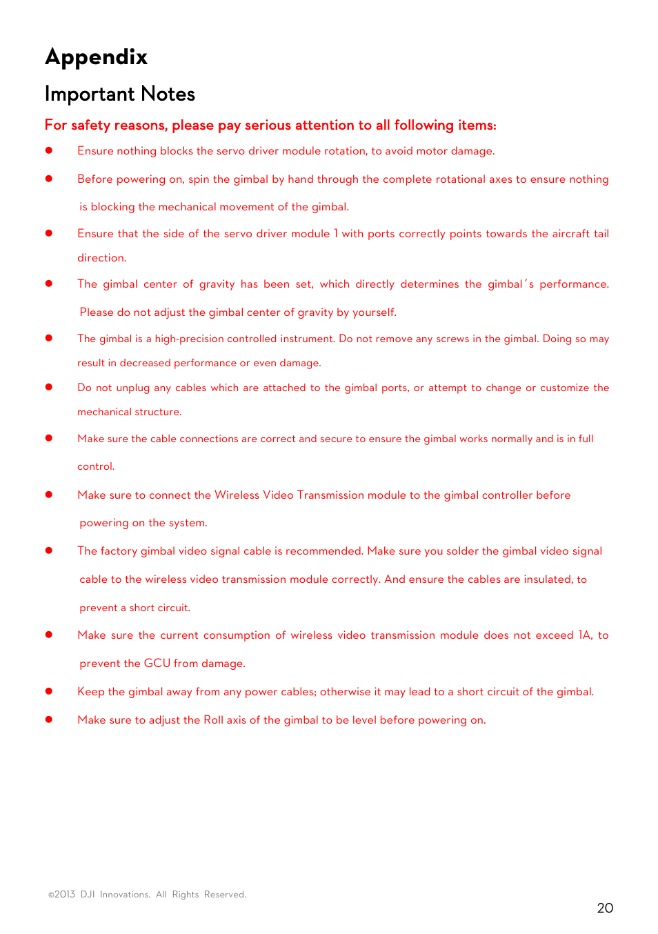 Appendix, Important notes, Mportant notes | DJI Z15-5D User Manual | Page 20 / 24