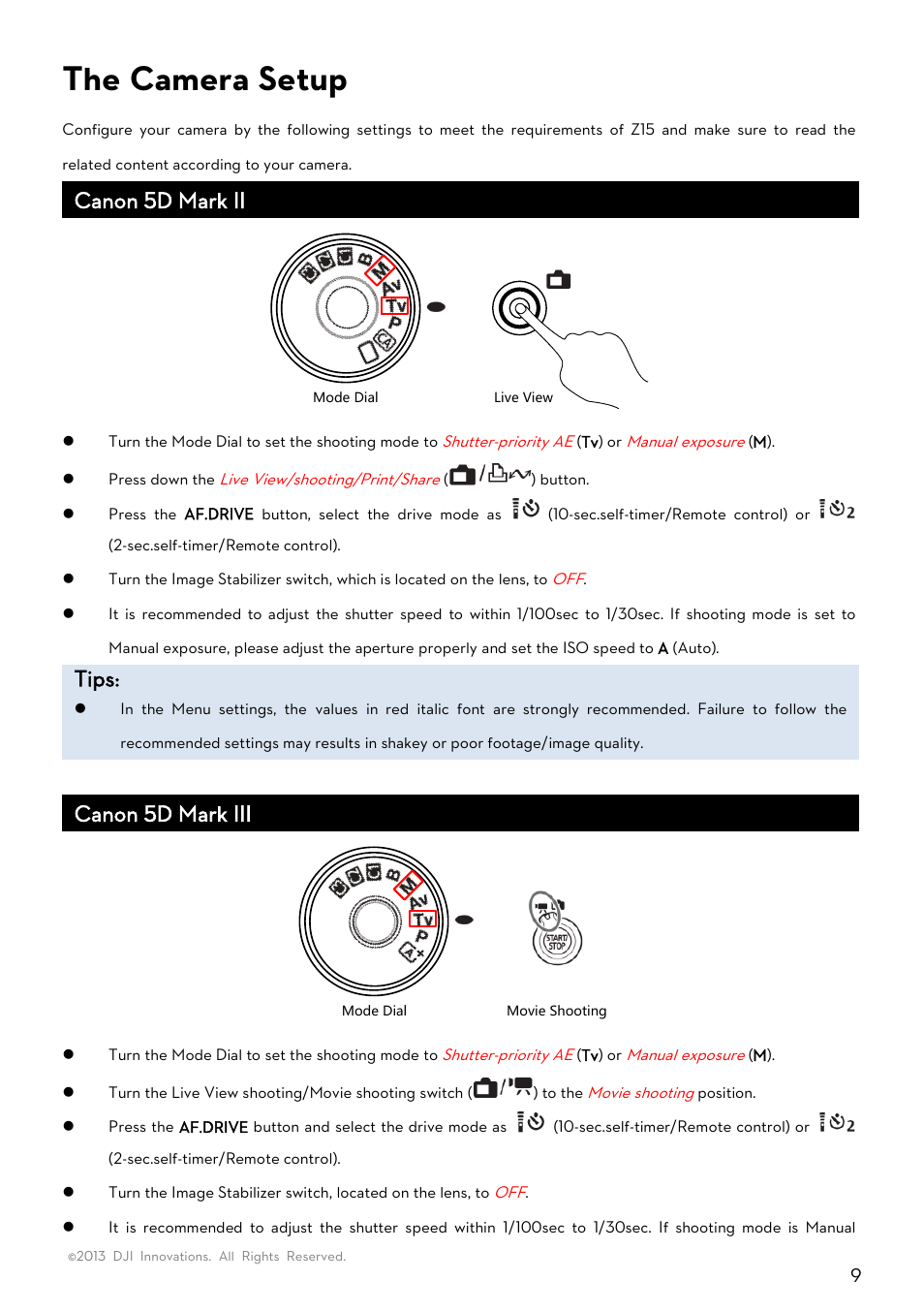 The camera setup, Camera setup, Canon 5d mark ii | Tips, Canon 5d mark iii | DJI Z15-5D User Manual | Page 9 / 24