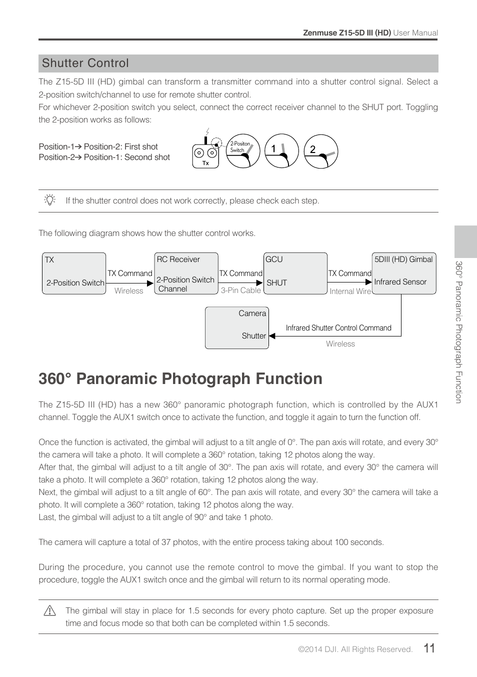 360° panoramic photograph function, Shutter control | DJI Z15-5D III (HD) User Manual | Page 11 / 28