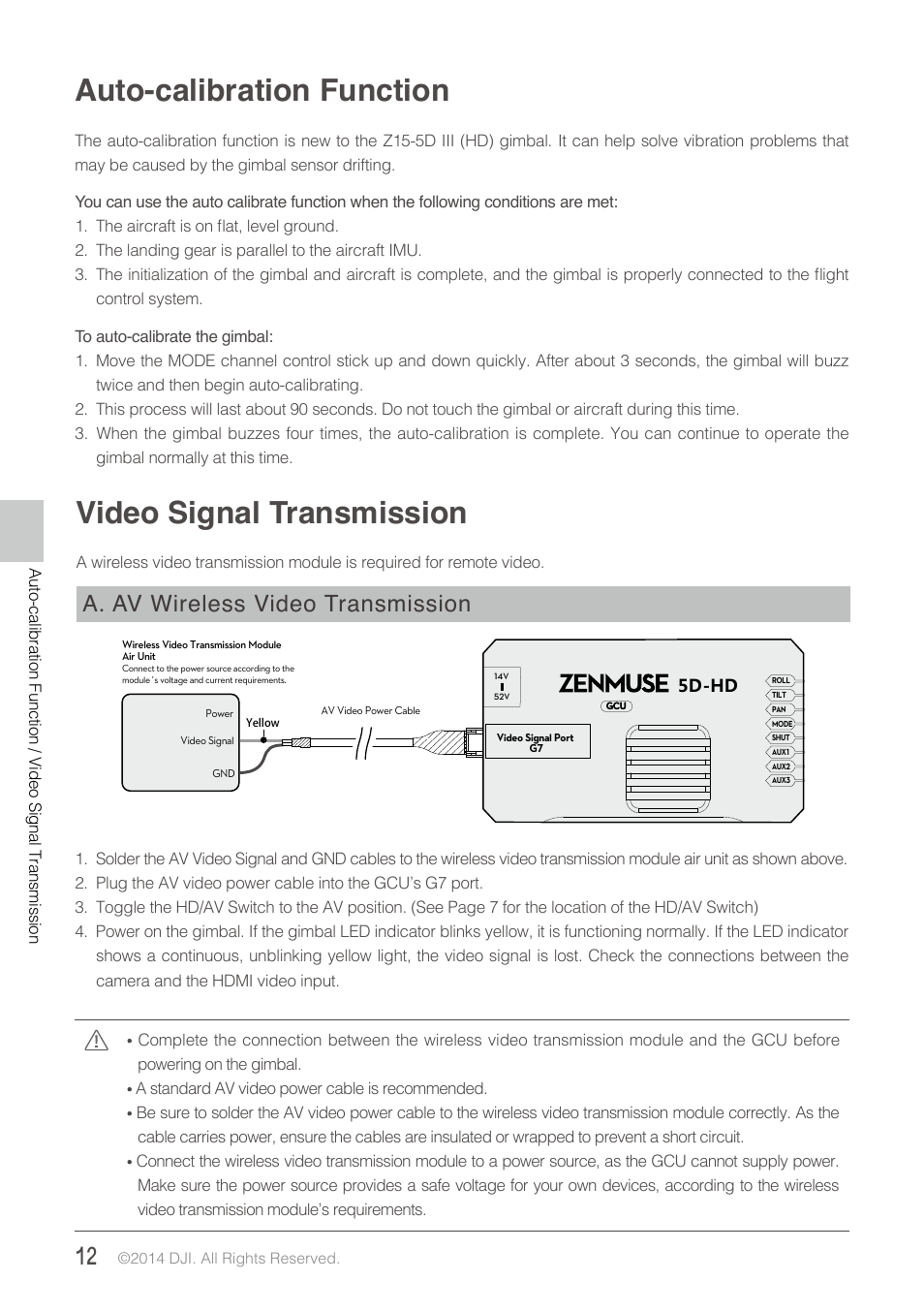 Video signal transmission, A. av wireless video transmission, Auto-calibration function | 5d-hd | DJI Z15-5D III (HD) User Manual | Page 12 / 28