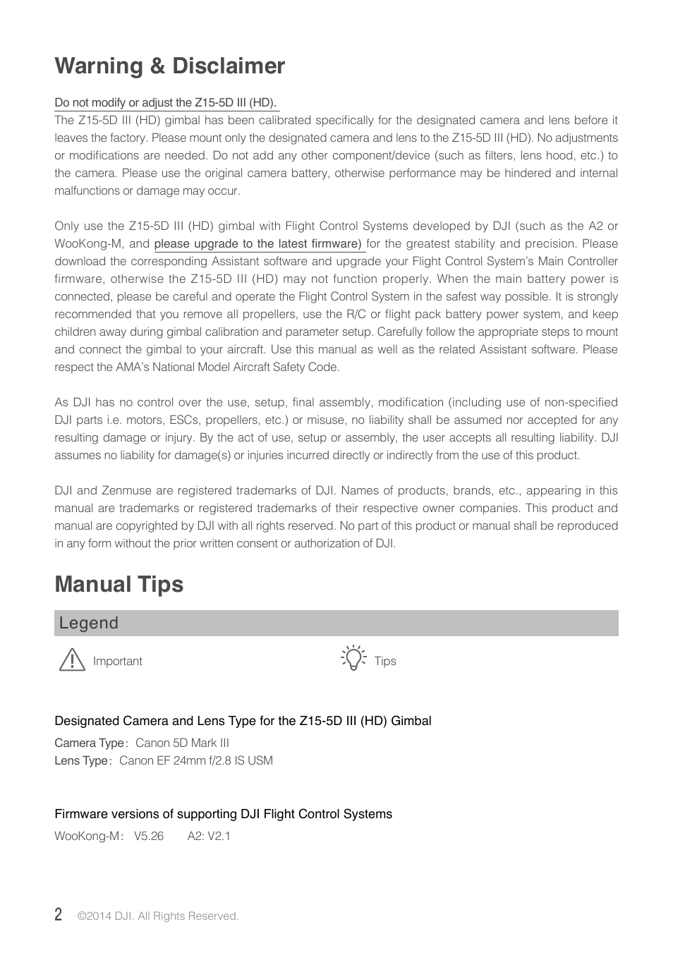 Warning & disclaimer, Manual tips, Legend | DJI Z15-5D III (HD) User Manual | Page 2 / 28