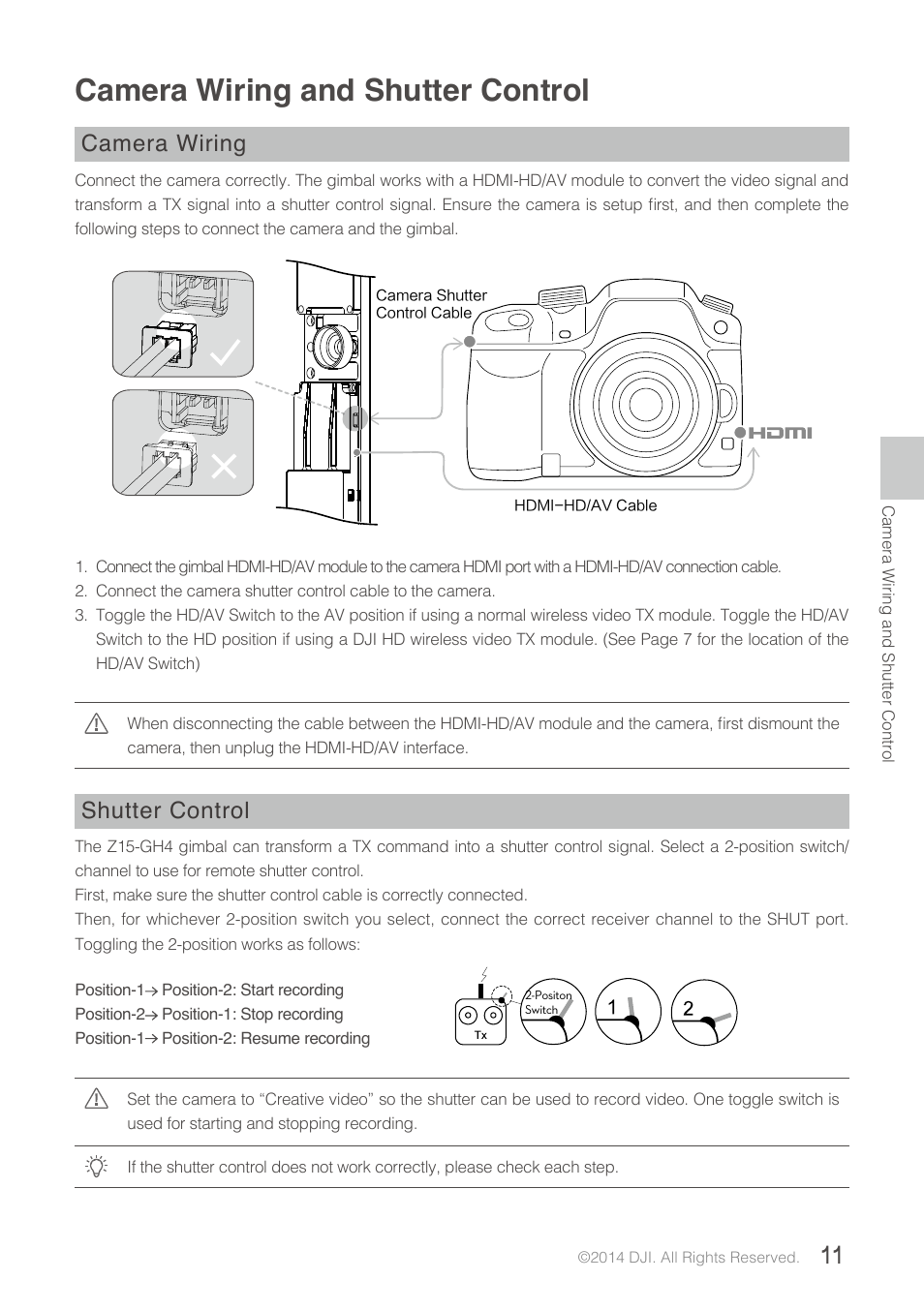 Camera wiring and shutter control, Camera wiring, Shutter control | DJI Z15-GH4 (HD User Manual | Page 11 / 28