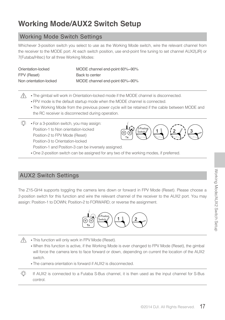 Working mode/aux2 switch setup, Working mode switch settings, Aux2 switch settings | DJI Z15-GH4 (HD User Manual | Page 17 / 28