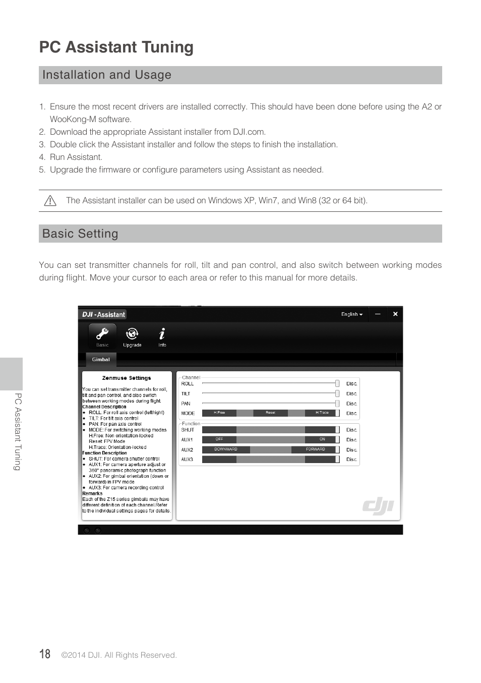 Pc assistant tuning, Installation and usage, Basic setting | DJI Z15-GH4 (HD User Manual | Page 18 / 28