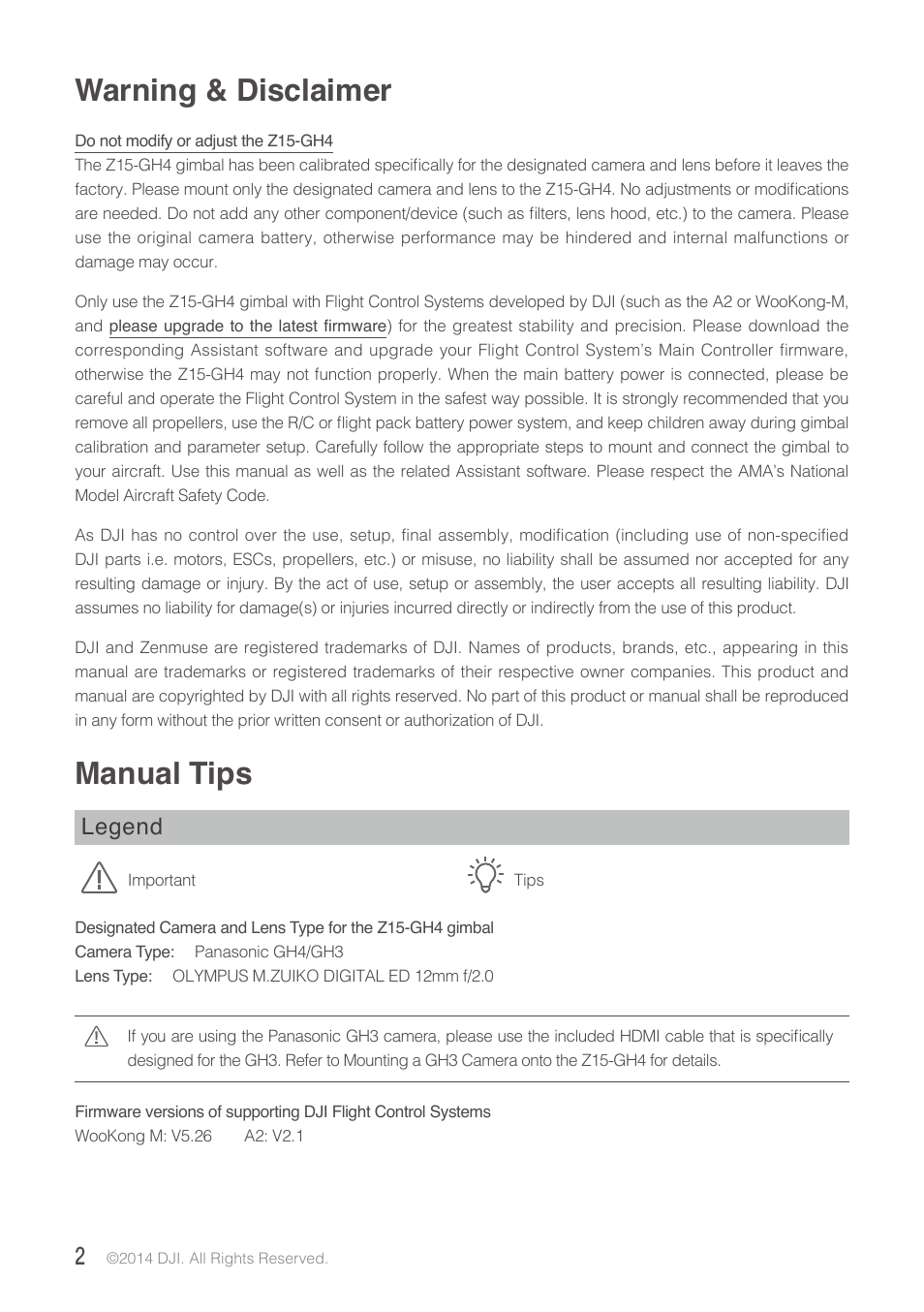 Warning & disclaimer, Manual tips, Legend | DJI Z15-GH4 (HD User Manual | Page 2 / 28