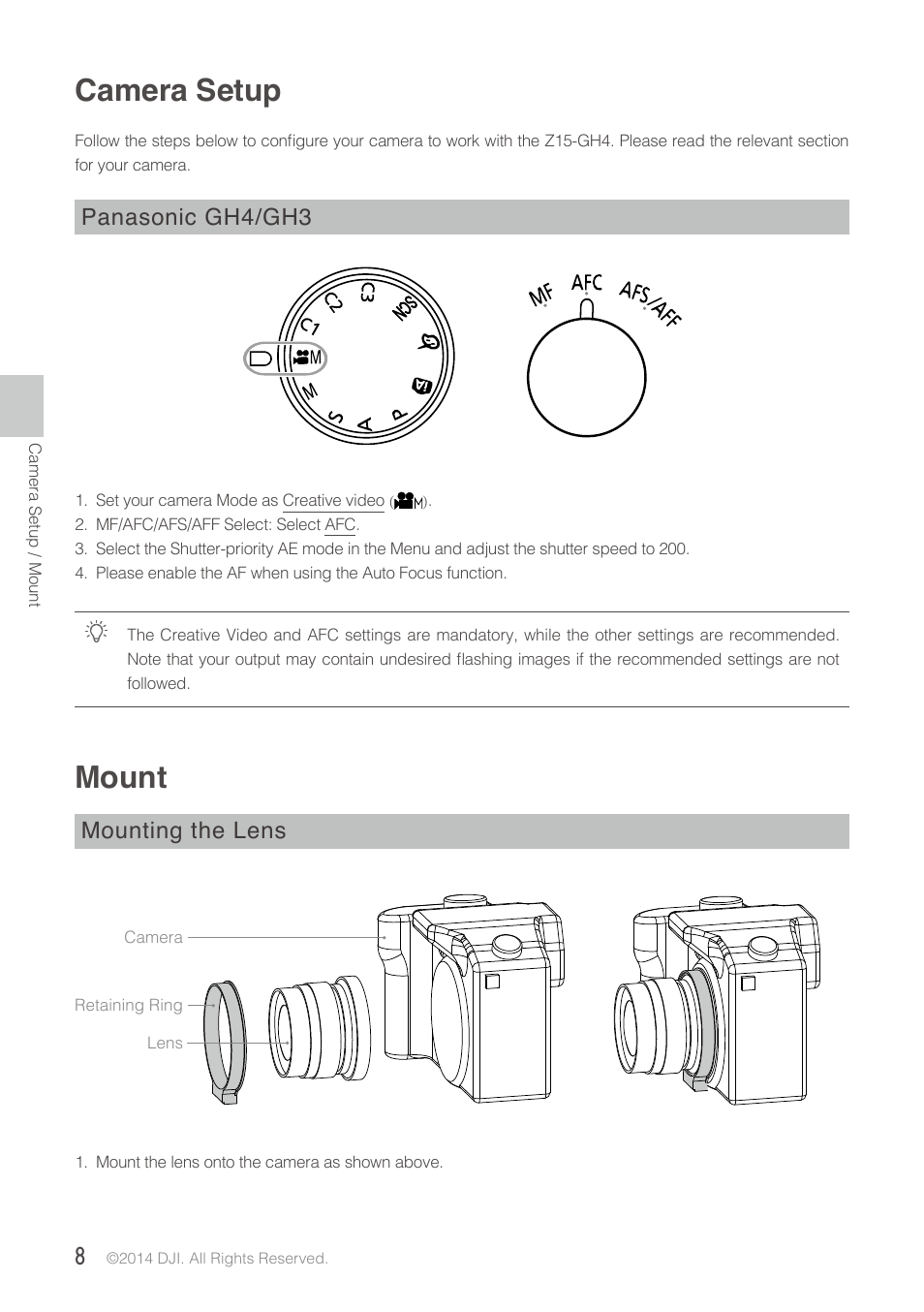 Camera setup, Mount, Mounting the lens | Panasonic gh4/gh3 | DJI Z15-GH4 (HD User Manual | Page 8 / 28