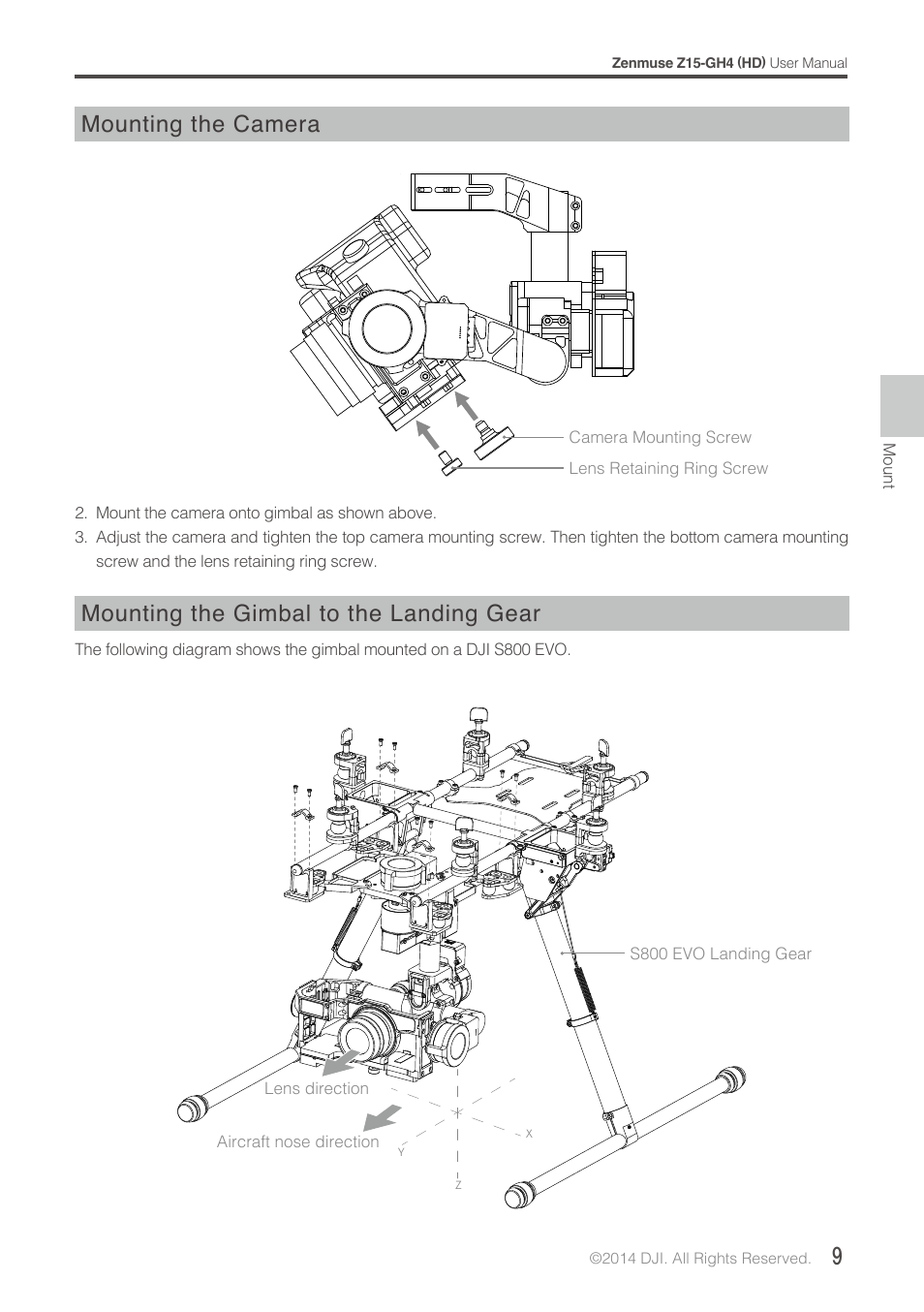 Mounting the camera, Mounting the gimbal to the landing gear | DJI Z15-GH4 (HD User Manual | Page 9 / 28
