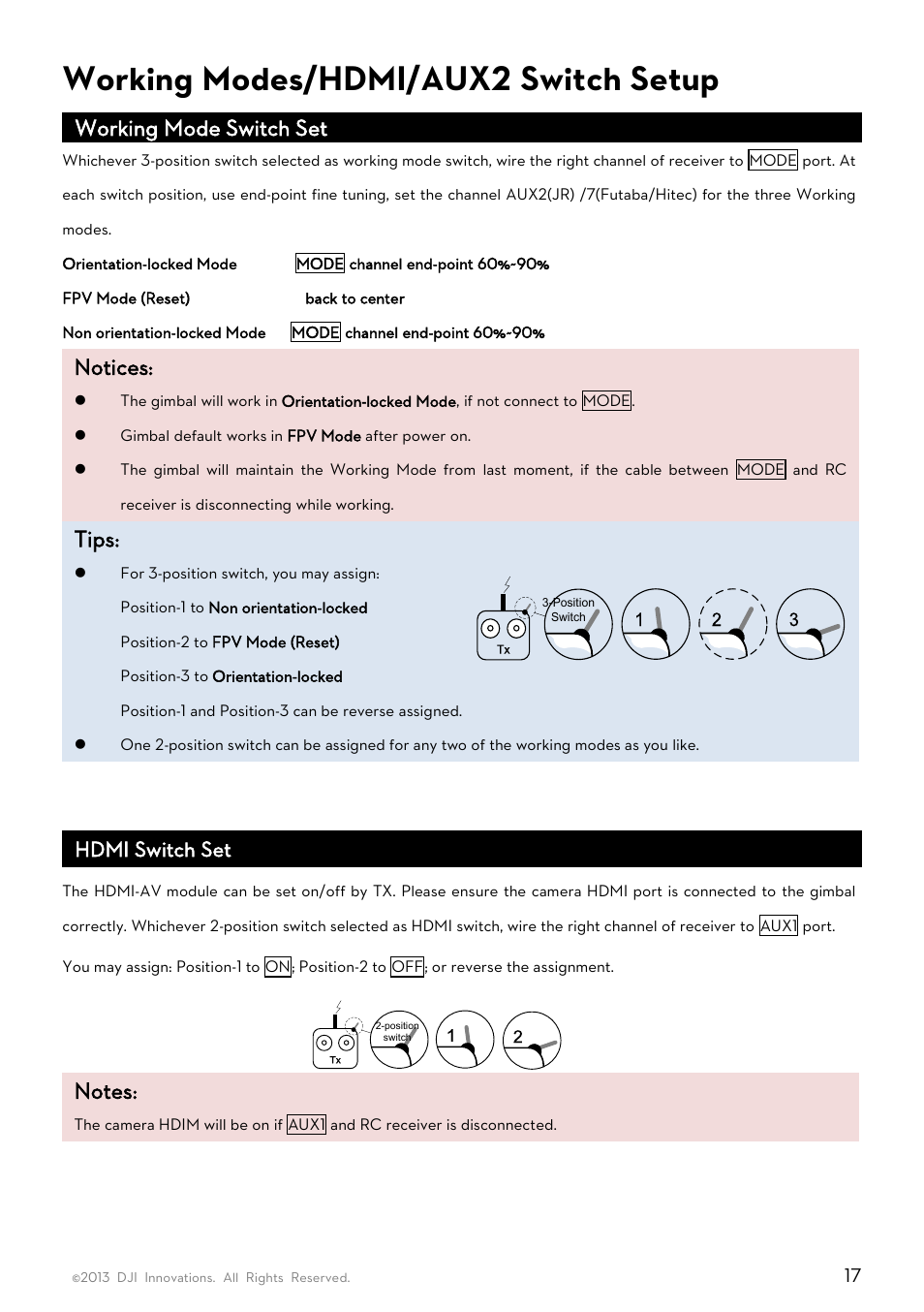 Working modes/hdmi/aux2 switch setup, Working mode switch set, Notices | Tips, Hdmi switch set | DJI Z15-GH3 User Manual | Page 17 / 26