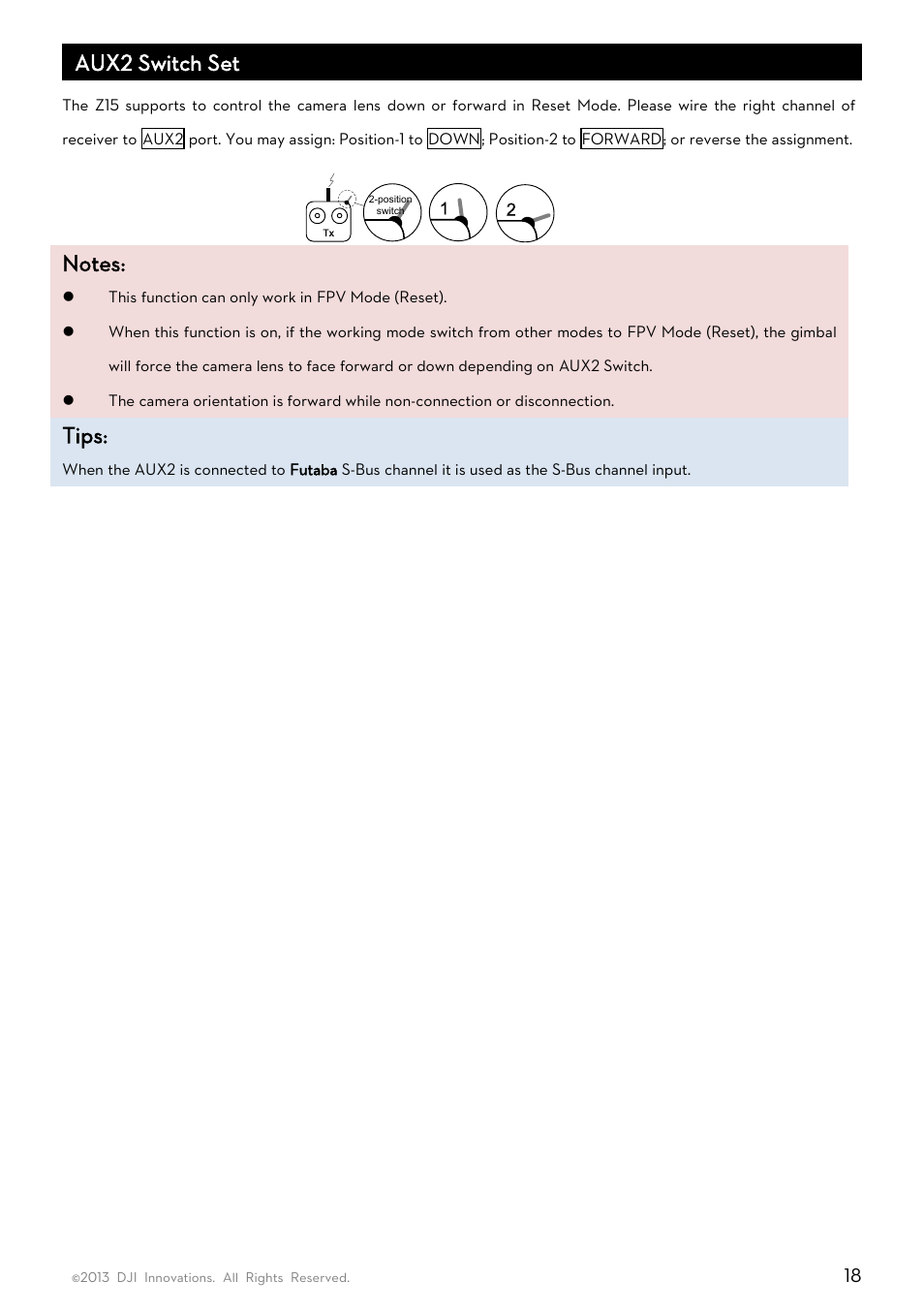 Aux2 switch set, Tips | DJI Z15-GH3 User Manual | Page 18 / 26