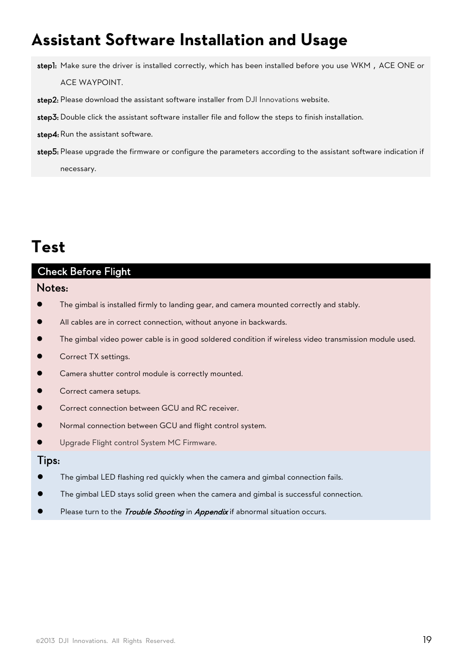 Assistant software installation and usage, Test, Tips | Check before flight | DJI Z15-GH3 User Manual | Page 19 / 26