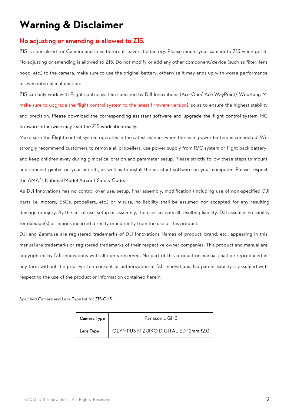 Warning & disclaimer, No adjusting or amending is allowed to z15 | DJI Z15-GH3 User Manual | Page 2 / 26