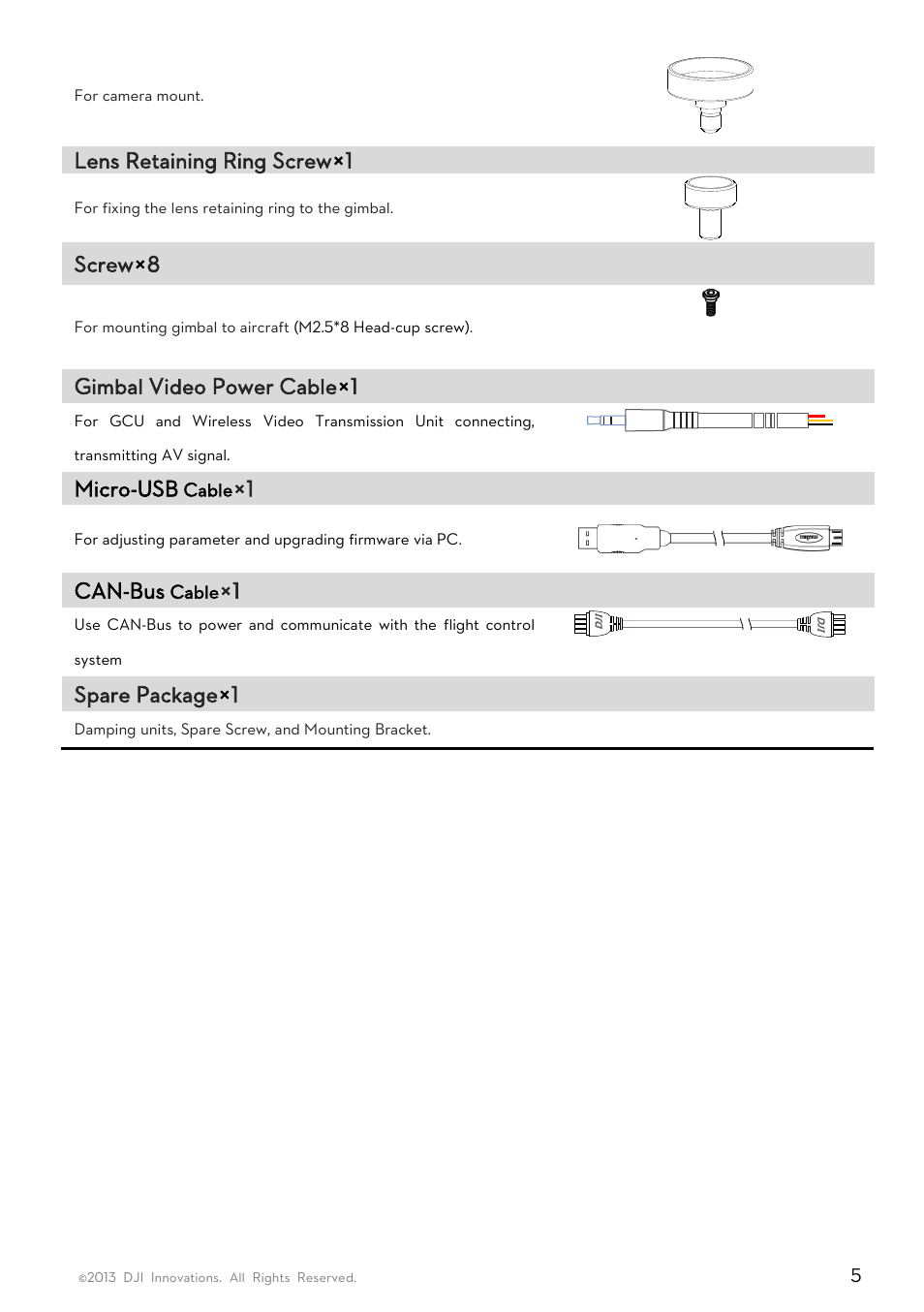 Lens retaining ring screw × 1, Screw × 8, Gimbal video power cable × 1 | Micro-usb, Can-bus, Spare package × 1 | DJI Z15-GH3 User Manual | Page 5 / 26