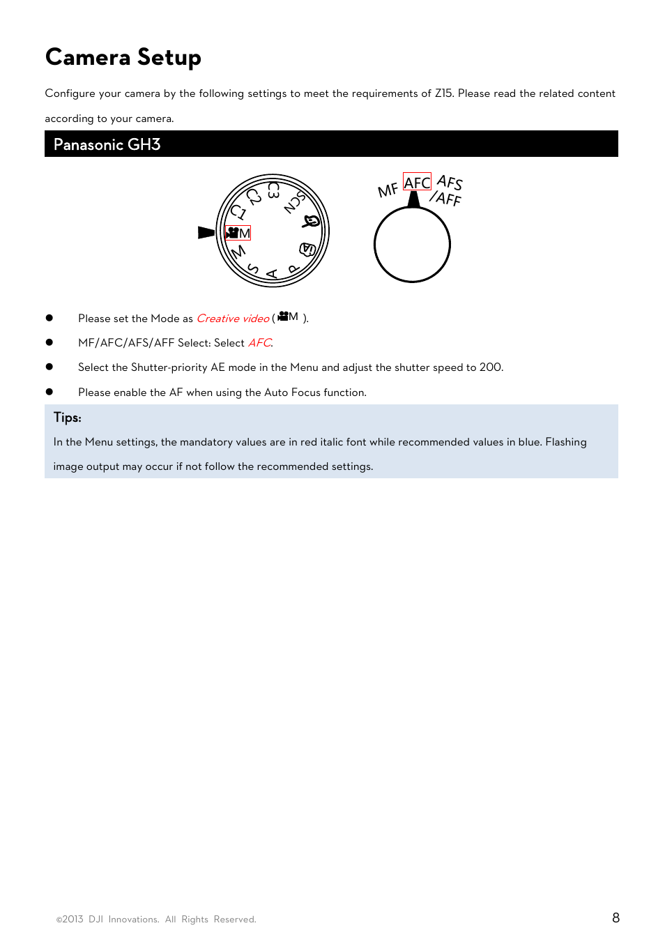 Camera setup, Mount, Panasonic gh3 | DJI Z15-GH3 User Manual | Page 8 / 26