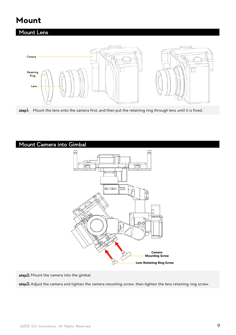 Mount, Mount lens, Mount camera into gimbal | DJI Z15-GH3 User Manual | Page 9 / 26