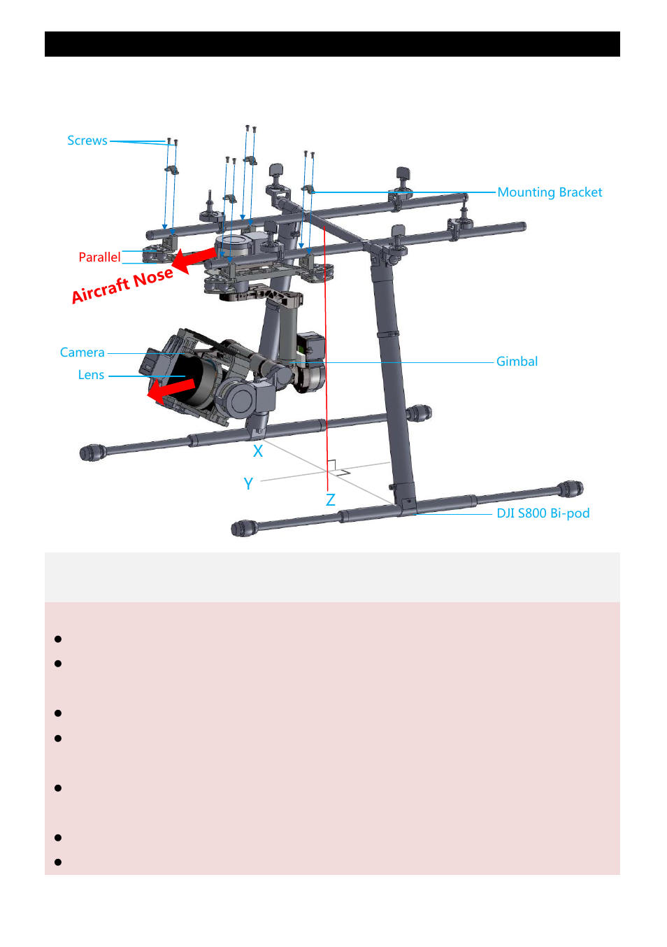 Mount gimbal to bi-pod, Notices, Aircra ft no se | Xy z | DJI Z15 User Manual | Page 14 / 33