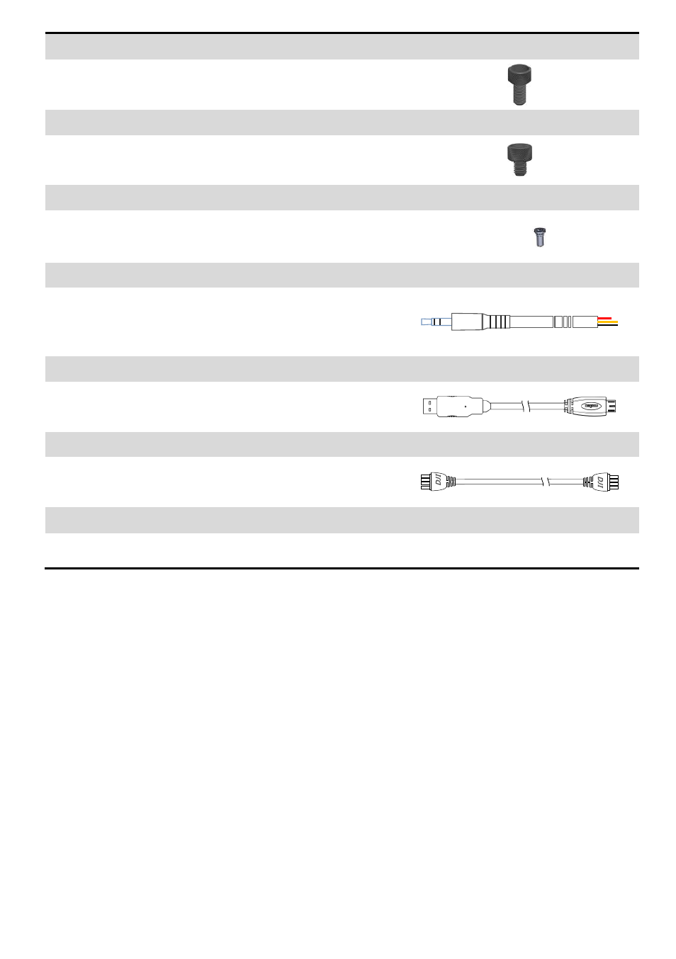 Quick twist screw for hot shoe × 1(z15-g), Quick twist screw for camera × 1(z15-g), Gimbal video power cable × 1 | Spare package × 1 | DJI Z15 User Manual | Page 5 / 33