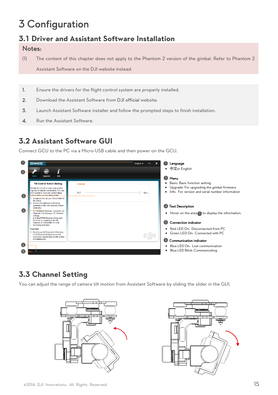 3 configuration, River and, Ssistant | Oftware, Nstallation, Hannel, Etting, 1 driver and assistant software installation, 2 assistant software gui, 3 channel setting | DJI H3-3D User Manua User Manual | Page 15 / 20