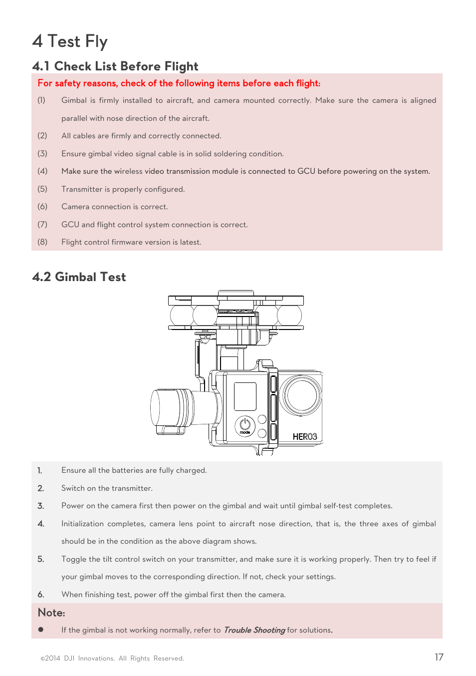 4 test fly, Heck, Efore | Light, Imbal, 1 check list before flight, 2 gimbal test | DJI H3-3D User Manua User Manual | Page 17 / 20