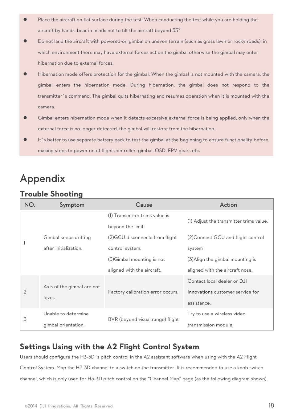 Appendix, Rouble, Hooting | Ettings, Sing with the, Light, Ontrol, Ystem, Trouble shooting, Settings using with the a2 flight control system | DJI H3-3D User Manua User Manual | Page 18 / 20