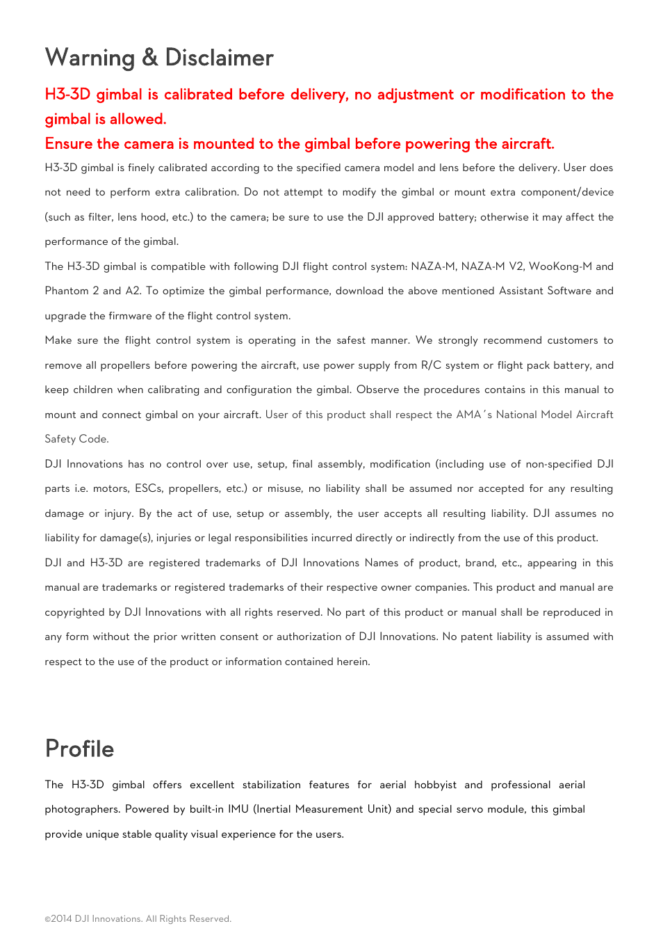 Warning & disclaimer, Profile | DJI H3-3D User Manua User Manual | Page 2 / 20