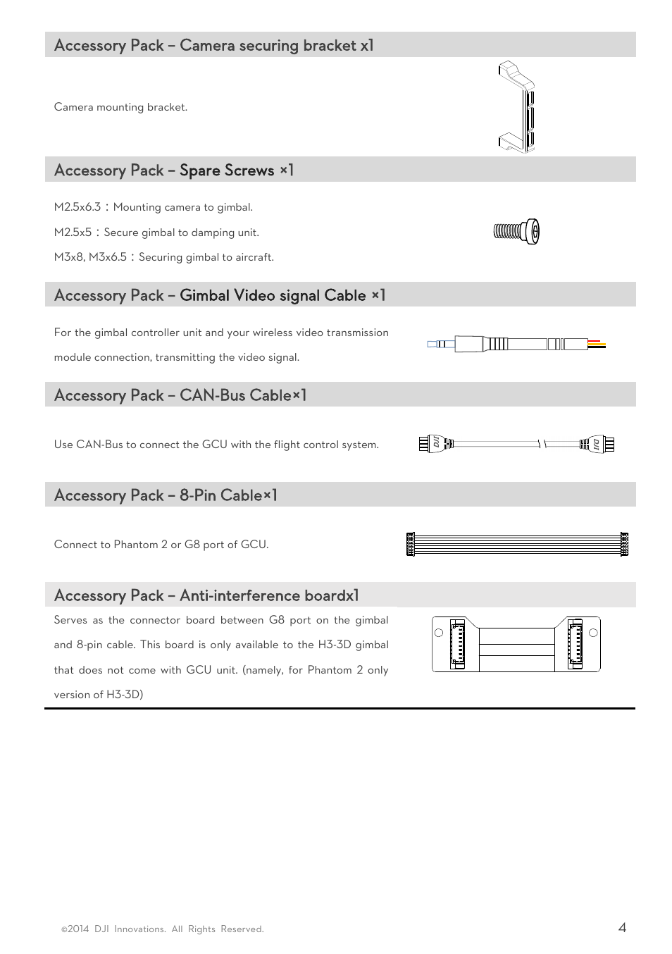 Accessory pack – camera securing bracket x1, Accessory pack – spare screws ×1, Accessory pack – gimbal video signal cable ×1 | Accessory pack – can-bus cable×1, Accessory pack – 8-pin cable×1, Accessory pack – anti-interference boardx1 | DJI H3-3D User Manua User Manual | Page 4 / 20