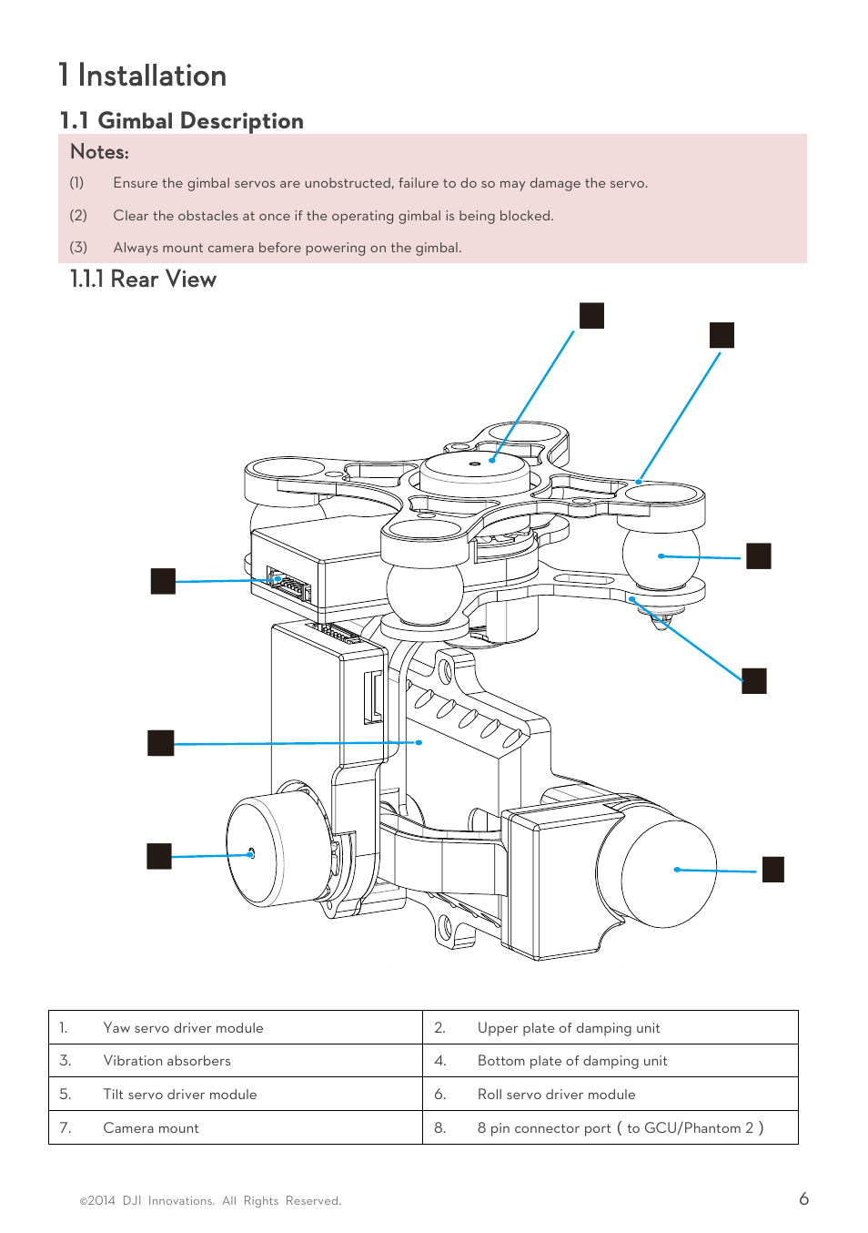 1 installation, Imbal, Escription | 1 gimbal description, 1 rear view | DJI H3-3D User Manua User Manual | Page 6 / 20