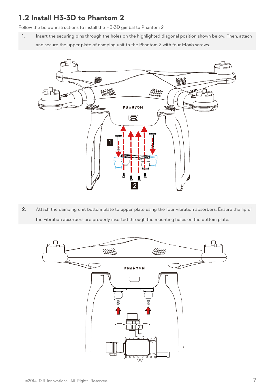Nstall, H3-3d, Hantom | 2 install h3-3d to phantom 2 | DJI H3-3D User Manua User Manual | Page 7 / 20