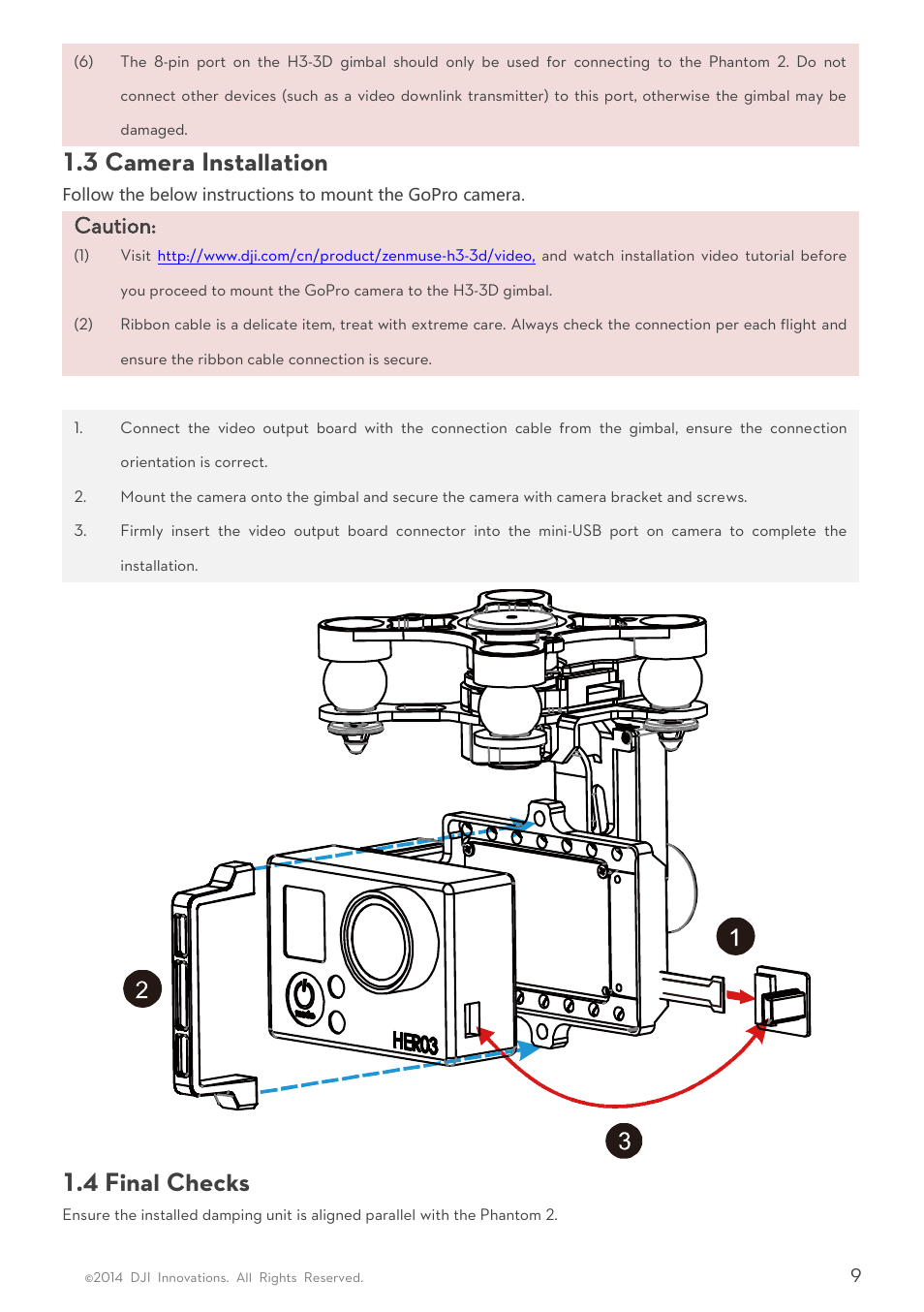 Amera, Nstallation, Inal | Hecks, 3 camera installation, 4 final checks, Caution | DJI H3-3D User Manua User Manual | Page 9 / 20