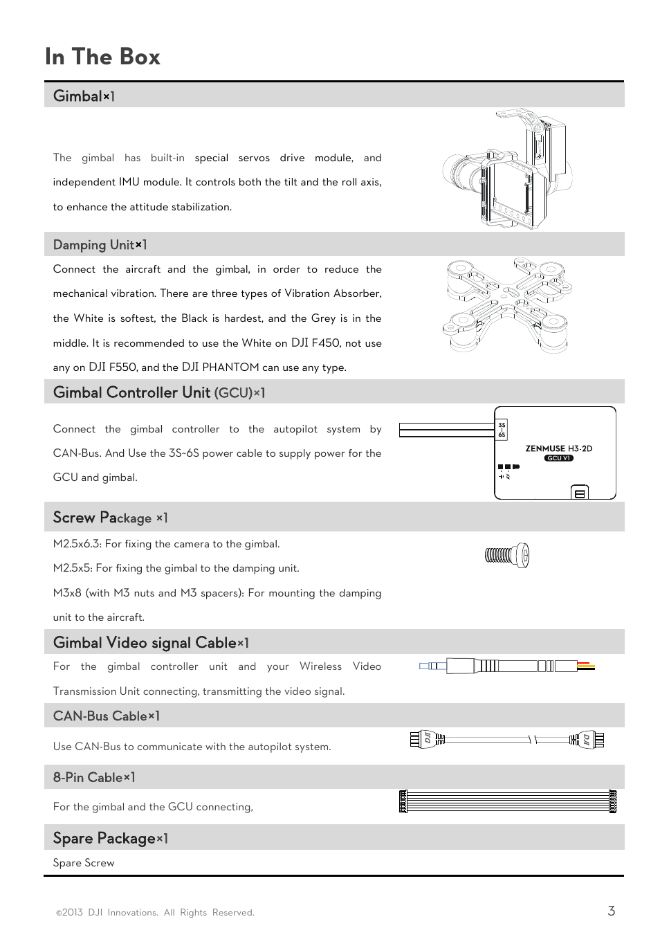 Gimbal, Gimbal controller unit, Screw pa | Gimbal video signal cable, Spare package | DJI H3-2D User Manual | Page 3 / 16