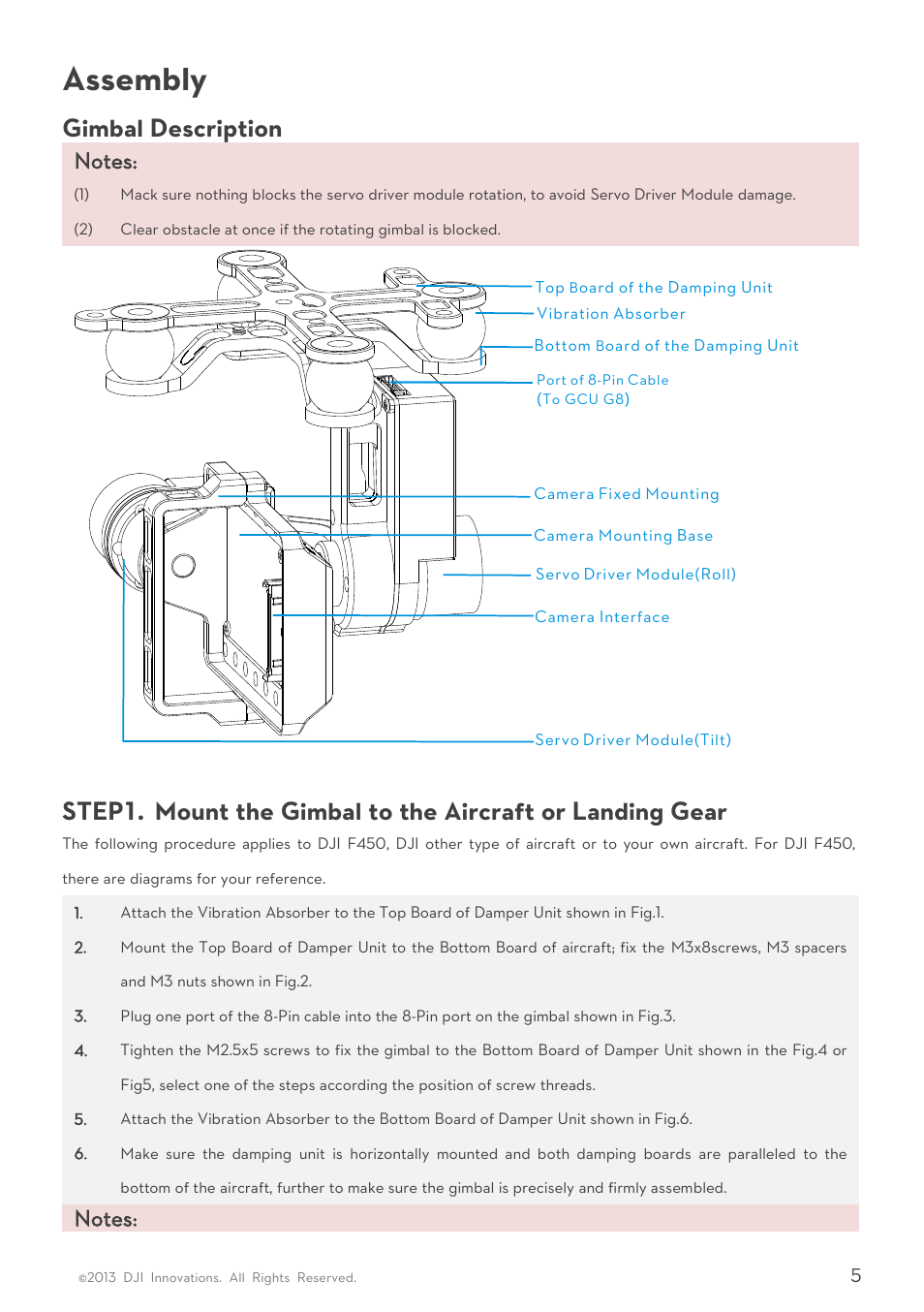 Assembly, Imbal, Escription | Step1, Ount the, Imbal to the, Ircraft or, Anding, Gimbal description | DJI H3-2D User Manual | Page 5 / 16