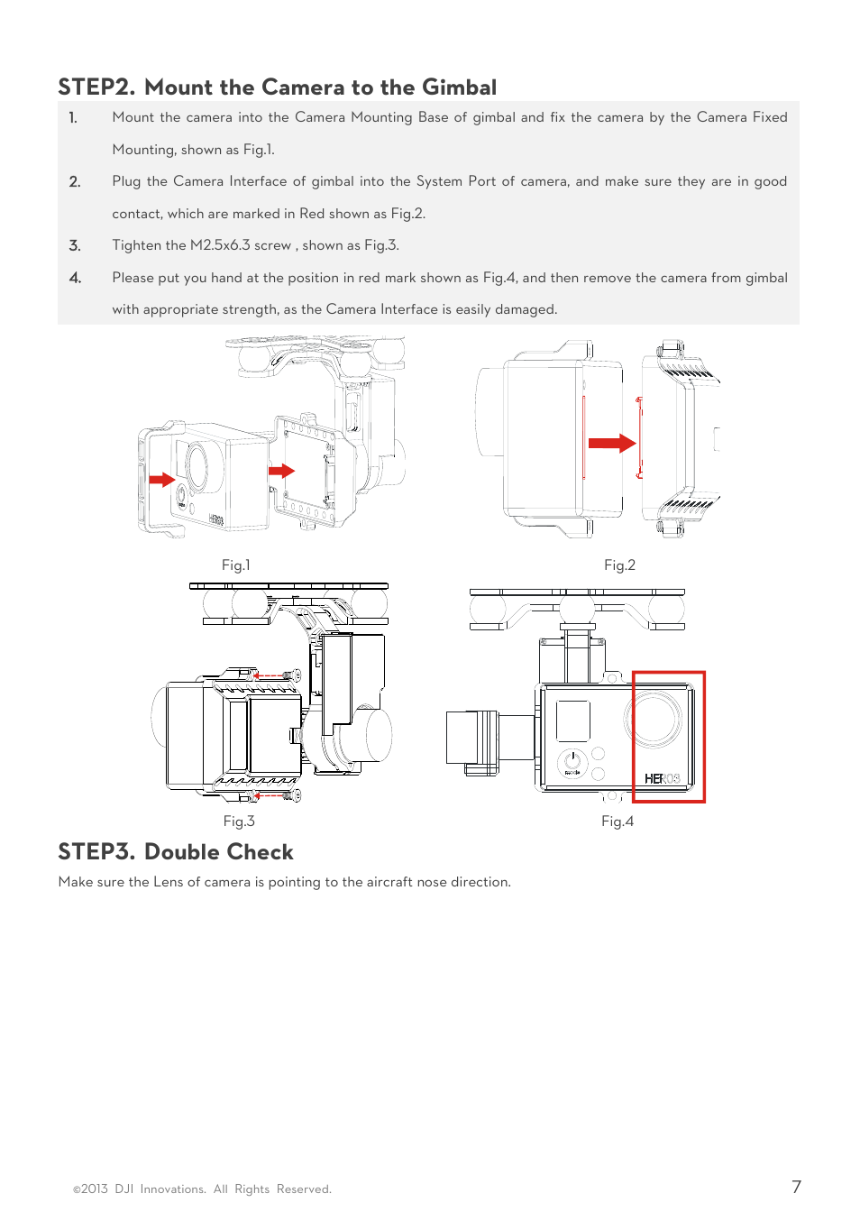 Step2, Ount the, Amera to the | Imbal, Step3, Ouble, Heck, Step2. mount the camera to the gimbal, Step3. double check | DJI H3-2D User Manual | Page 7 / 16