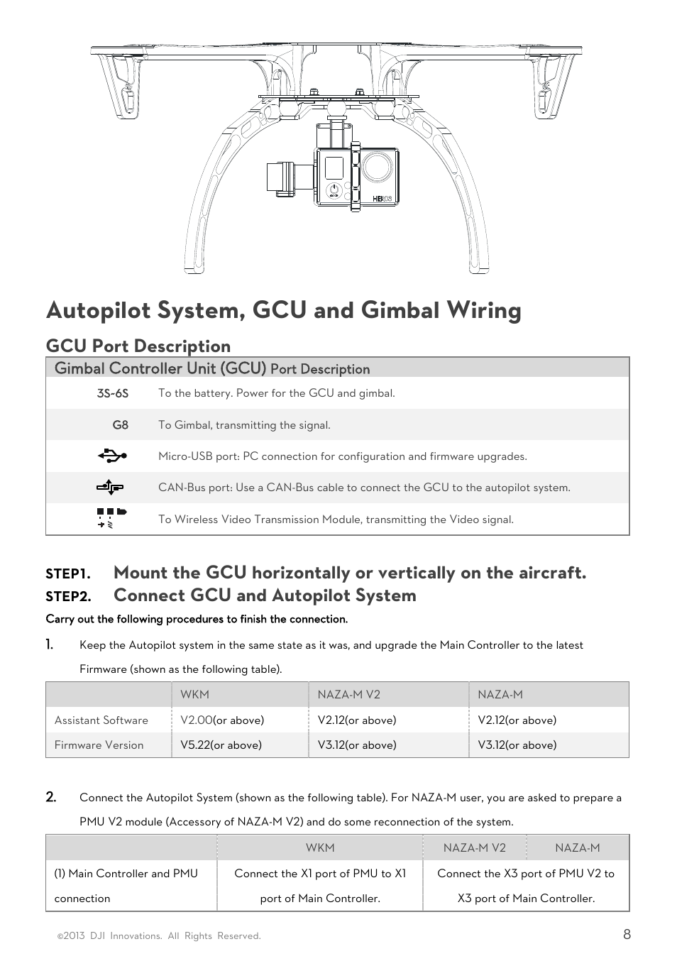 Autopilot system, gcu and gimbal wiring, Escription, Step1 | Ount the, Horizontally or vertically on the aircraft, Step2, Onnect, Utopilot, Ystem, Gcu port description | DJI H3-2D User Manual | Page 8 / 16