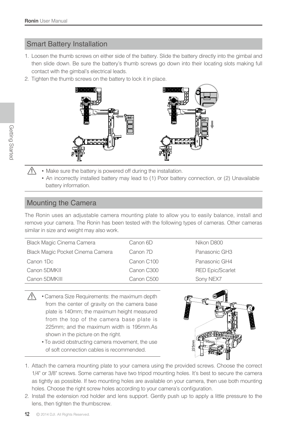 Smart battery installation, Mounting the camera | DJI Ronin User Manual | Page 12 / 36